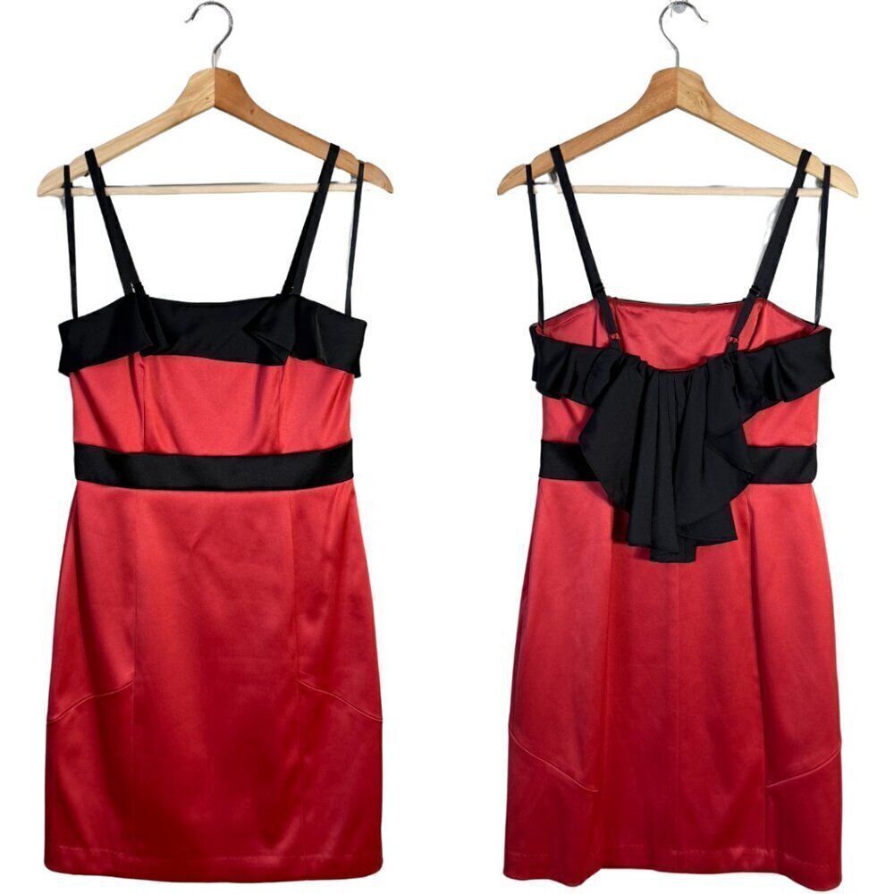 Vtg BCBG Paris Satin Ruffle Bodycon Mini Dress Women's 6 Red Black Cocktail Y2K